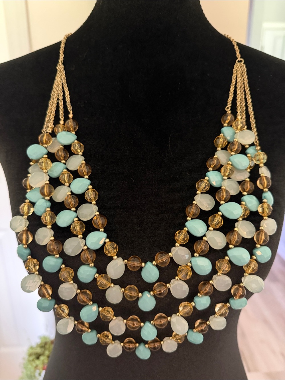 Layered Gold-Tone Necklace with Aqua, Amber & Milky White Beads